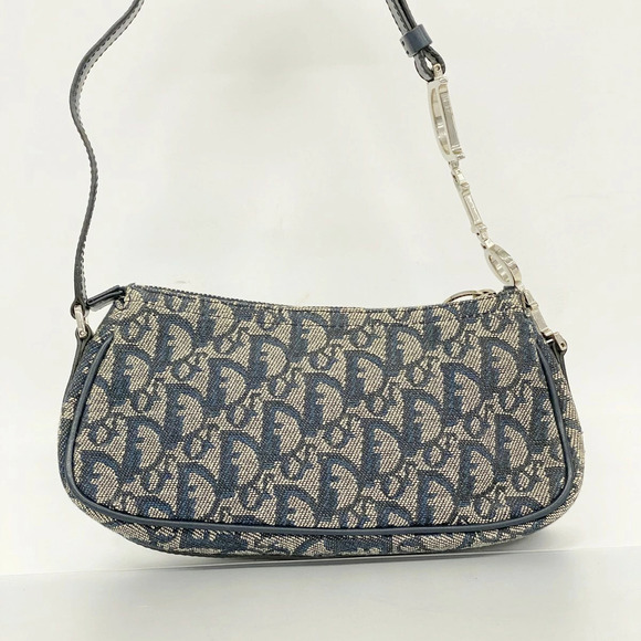 Christian Dior Trotter Canvas Shoulder Bag PVC Navy Silver  Dior Shoulder Bag Trotter Canvas Navy Blue Silver